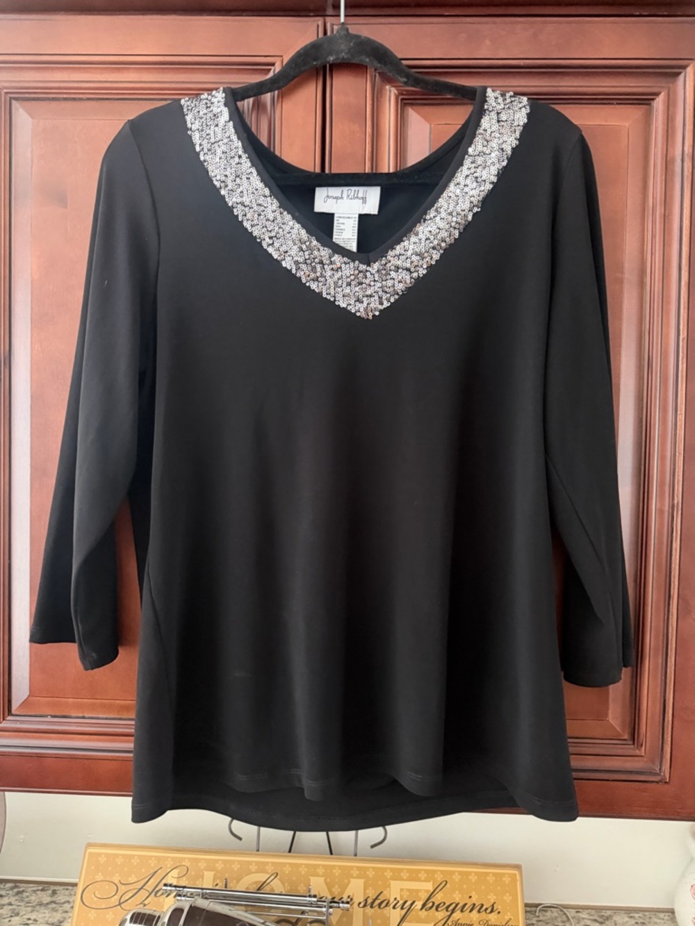 Joseph Ribkoff Black V-Neck Top with Silver Sequin Detail